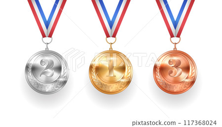Olympic games medals on ribbons realistic illustration Olympic games medals on ribbons realistic illustration 117368024