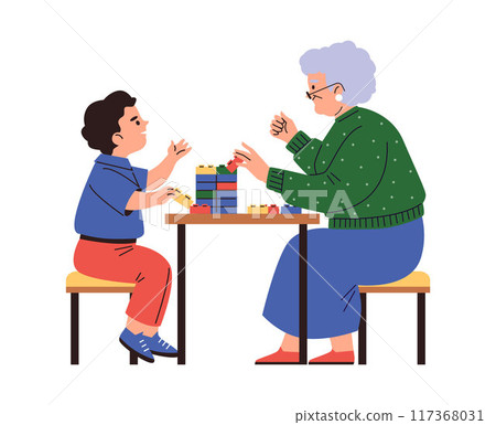 Boy and grandma assembling Lego set in vector scene. Boy and grandma assembling Lego set in vector scene. 117368031