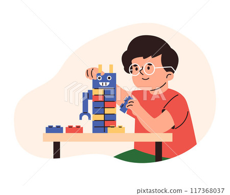 Happy small boy child play with lego construction blocks, vector cartoon kid have fun build robot toy with bricks Happy small boy child play with lego construction blocks, vector cartoon kid have fun build robot toy with bricks 117368037