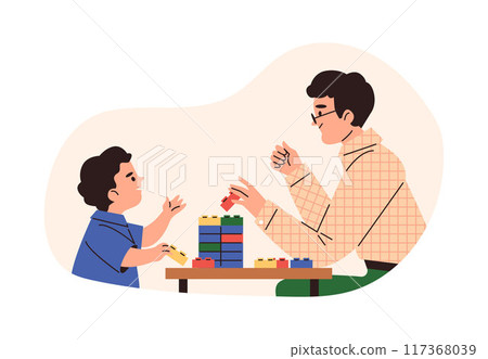 Happy father and son play with lego construction blocks, cartoon family have fun build pyramid tower vector in frame 117368039