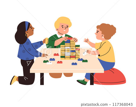 Happy children play with lego construction blocks, vector cartoon kids have fun build pyramid with bricks, entertainment 117368043