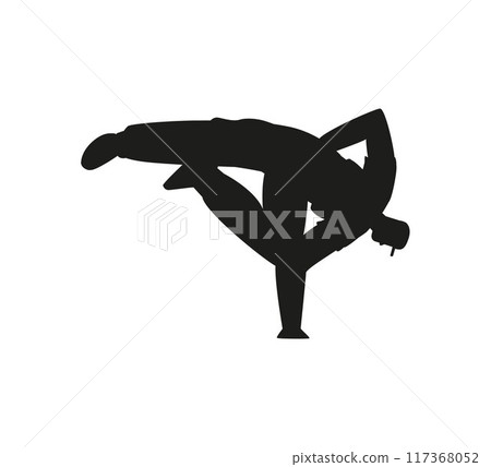 Break dancer handstands black silhouette, vector breakdancer in action, boy teenager street dancer hip hop performance 117368052