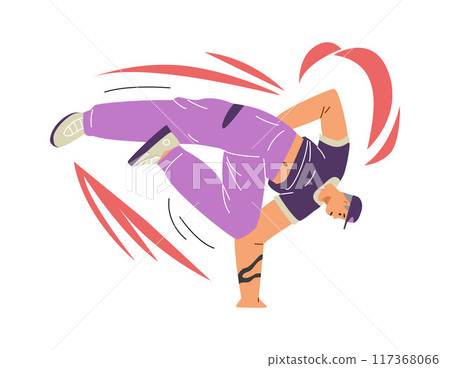 A man breaksdances in a one-arm stand with dynamic elements. Isolated background. 117368066