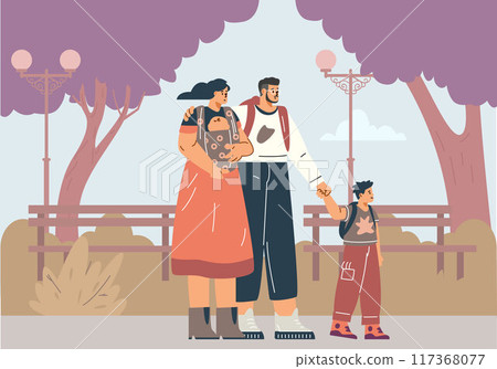 Family walk in a sling. Scene in the park. Flat style. Family walk in a sling. Scene in the park. Flat style. 117368077