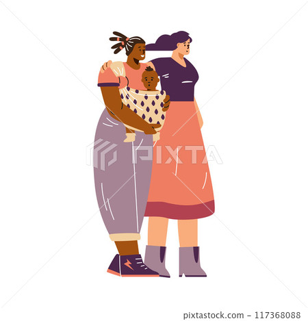 Female couple with baby in carrier, flat vector illustration. 117368088