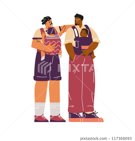 Illustration of a gay couple with children in carriers in flat style. Illustration of a gay couple with children in carriers in flat style. 117368093
