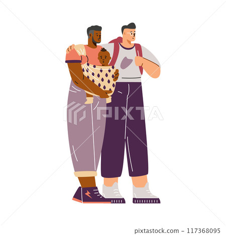 Happy young gay father carrying baby in sling, vector couple of homosexual men parent with infant in baby carrier wrap Happy young gay father carrying baby in sling, vector couple of homosexual men parent with infant in baby carrier wrap 117368095