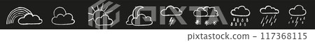 Chalk kid cloud weather symbols set. Vector stock illustration isolated on black background for design template travel blog, meteorology forecast. Kit textural crayon hand drawing symbols. EPS 10 Chalk kid cloud weather symbols set. Vector stock illustration isolated on black background for design template travel blog, meteorology forecast. Kit textural crayon hand drawing symbols. EPS 10 117368115