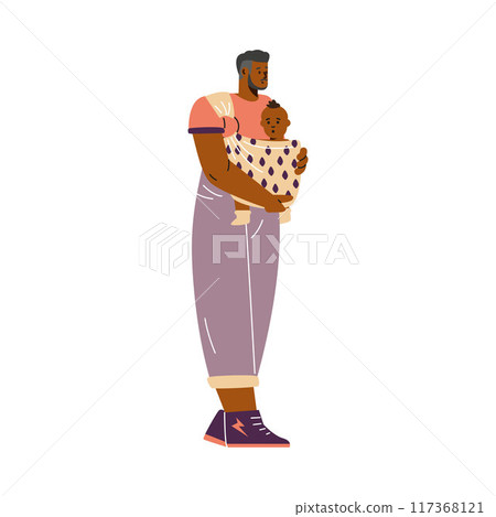 Flat illustration of a dad with a baby in a carrier, showing ease of movement. Flat illustration of a dad with a baby in a carrier, showing ease of movement. 117368121