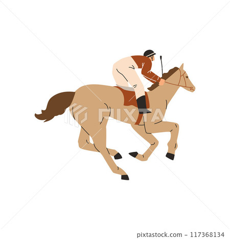Horse racing, vector cartoon jockey sprinting on beige horse, animal sport competition, Equestrian championship isolated Horse racing, vector cartoon jockey sprinting on beige horse, animal sport competition, Equestrian championship isolated 117368134