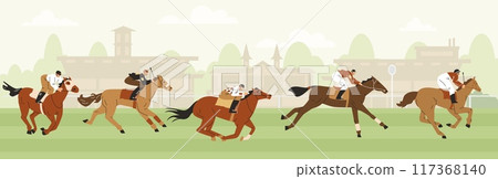 Horse racing on the hippodrome racetrack, jockeys sprinting on horses, vector Equestrian championship sport competition 117368140