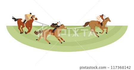 Horse racing on the hippodrome round racetrack, jockeys sprinting on horse, vector cartoon Equestrian sport championship 117368142