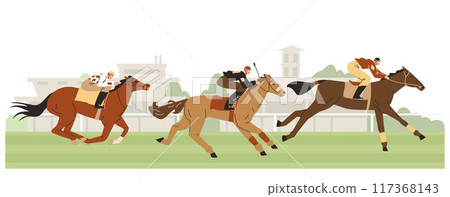 Horse racing on the hippodrome, jockeys sprinting on horses, vector cartoon Equestrian championship, sport competition 117368143