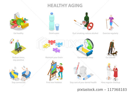3D Isometric Flat Illustration of Healthy Aging, Physical Activity and Health Care for Elderly Senior People 3D Isometric Flat Illustration of Healthy Aging, Physical Activity and Health Care for Elderly Senior People 117368183