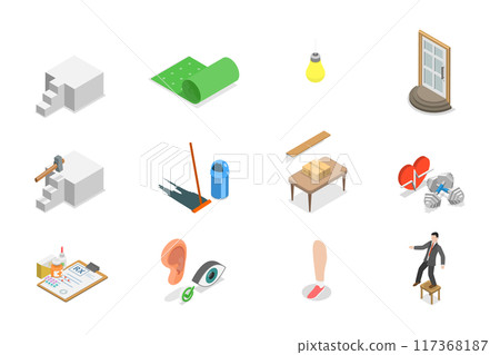 3D Isometric Flat Illustration of Senior Fall Prevention Tips, List of Safety Measures 3D Isometric Flat Illustration of Senior Fall Prevention Tips, List of Safety Measures 117368187