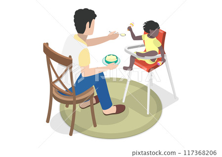 3D Isometric Flat  Illustration of Father Engaged In Raising Child, Child Feeding 117368206