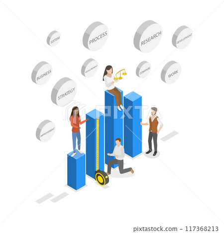 3D Isometric Flat Illustration of Benchmarking, Compare Quality with Other Companies for Improvement 3D Isometric Flat Illustration of Benchmarking, Compare Quality with Other Companies for Improvement 117368213