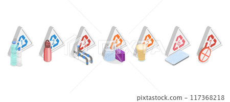 3D Isometric Flat Illustration of Plastics Types With Recycling Mark, Garbage Waste Sorting 3D Isometric Flat Illustration of Plastics Types With Recycling Mark, Garbage Waste Sorting 117368218