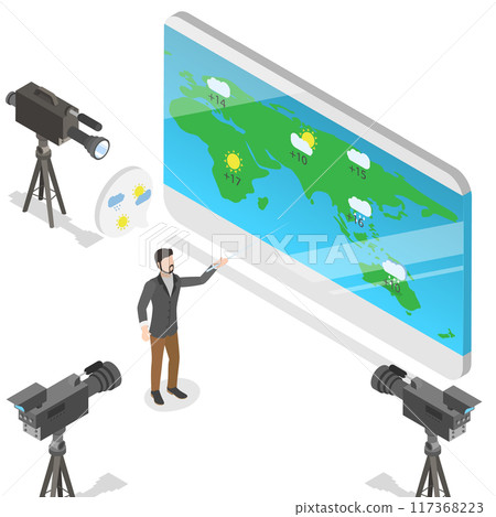 3D Isometric Flat  Illustration of Weather Forecast, TV Reporter at Work 117368223