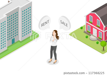 3D Isometric Flat  Illustration of Rent Vs Sell Property, Making Decision 117368225
