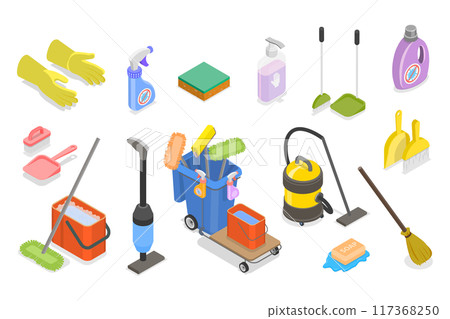 3D Isometric Flat Illustration of Cleaning Items, Domestic Housekeeping Products 3D Isometric Flat Illustration of Cleaning Items, Domestic Housekeeping Products 117368250