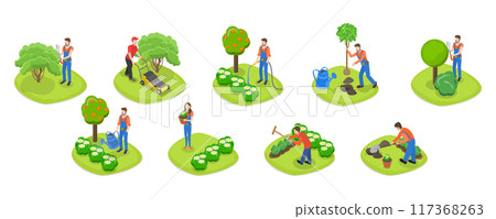 3D Isometric Flat Set of Garden Tools And People, Landscape Designers and Farming Equipment 3D Isometric Flat Set of Garden Tools And People, Landscape Designers and Farming Equipment 117368263