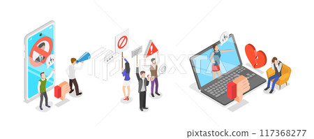 3D Isometric Flat  Illustration of Social Media Behavior, Boycott or Mass Riots 117368277