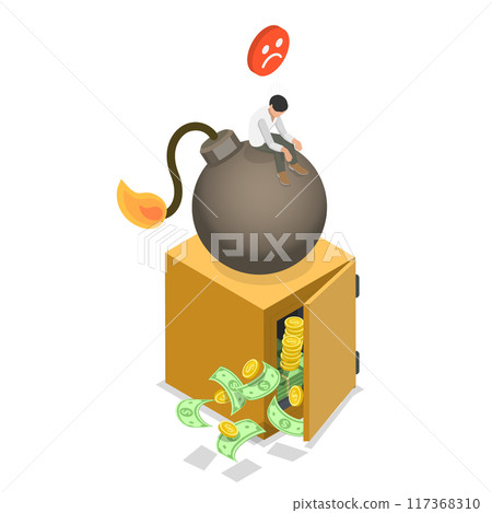 3D Isometric Flat Illustration of Business Danger And Crisis, Young Stressed Unhappy Businessman Sitting on Bomb 3D Isometric Flat Illustration of Business Danger And Crisis, Young Stressed Unhappy Businessman Sitting on Bomb 117368310