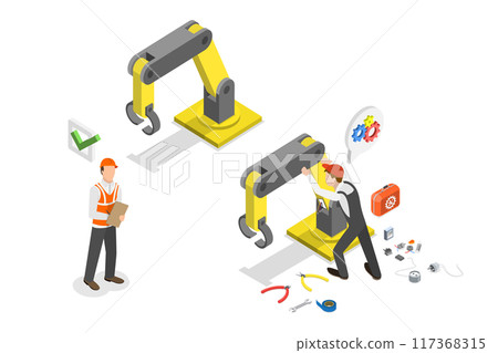 3D Isometric Flat  Illustration of Machine Engineer, Fixing an Assembly Line with Robotic Arms 117368315