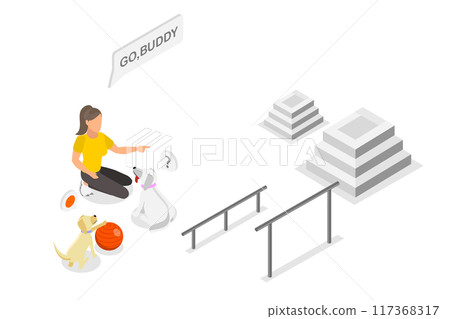 3D Isometric Flat  Illustration of Training a Pet, Dog Playground in City Park 117368317