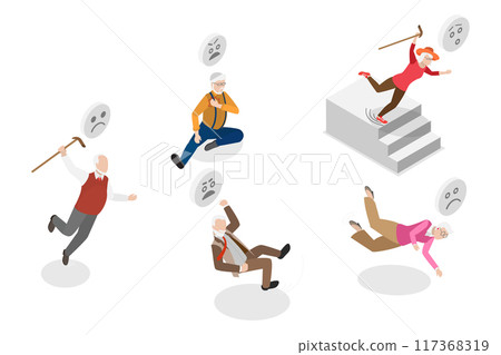 3D Isometric Flat  Illustration of Old People Stumble, Seniors Traumatic Accidents 117368319