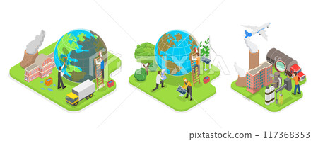 3D Isometric Flat  Illustration of Carbon Footprint Reduction , Net Zero Emissions and Carbon Dioxide Neutral Balance 117368353