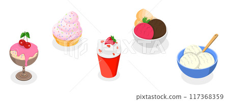 3D Isometric Flat Set of Ice Creams, Collection of Cold Sweet Desserts 3D Isometric Flat Set of Ice Creams, Collection of Cold Sweet Desserts 117368359