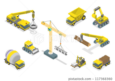 3D Isometric Flat Set of Construction Equipment , Special Machines for the Building Work 3D Isometric Flat Set of Construction Equipment , Special Machines for the Building Work 117368360