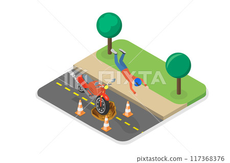 3D Isometric Flat  Illustration of Motorcycle Accident, Risks Driving a Personal Vehicles 117368376