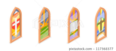 3D Isometric Flat  Set of Church Stained Arched Windows , Different Styles and Drawing 117368377