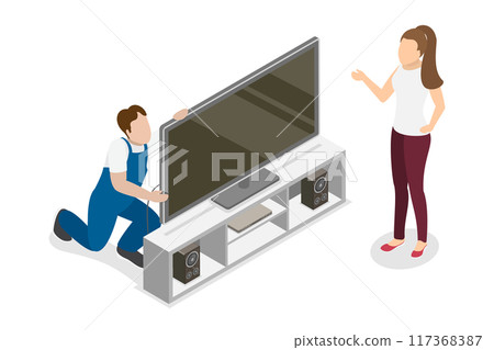 3D Isometric Flat Illustration of Repairing Television, Service and Maintenance 3D Isometric Flat Illustration of Repairing Television, Service and Maintenance 117368387