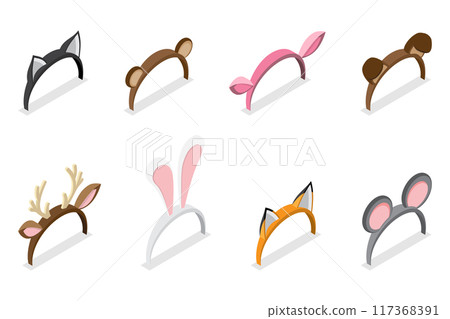 3D Isometric Flat  Set of Animals Ears Costumes, Carnival Headbands 117368391