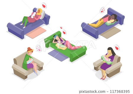 3D Isometric Flat  Illustration of Breastfeeding Positions, Mother Feeding Baby with Breast 117368395