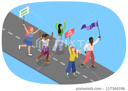 3D Isometric Flat  Illustration of Angry Feminist Protester , Group of Diverse People at Picket 117368396