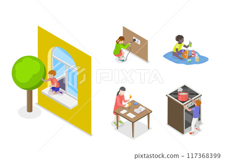 3D Isometric Flat Illustration of Dangerous Situations With Kids, Children Risks and Safety 3D Isometric Flat Illustration of Dangerous Situations With Kids, Children Risks and Safety 117368399