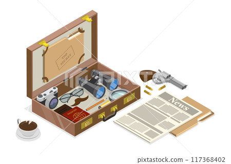 3D Isometric Flat Illustration of Detective Vintage Briefcase, Secret Agent Stuff 3D Isometric Flat Illustration of Detective Vintage Briefcase, Secret Agent Stuff 117368402