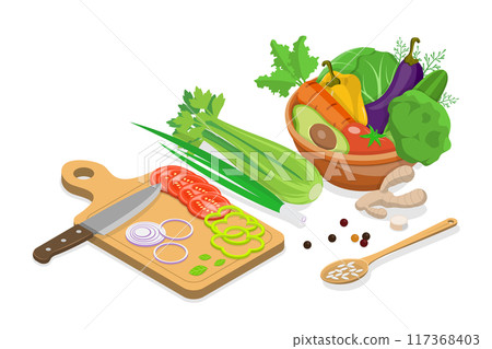 3D Isometric Flat Illustration of Tasty Recipes, Homemade Food Preparation 3D Isometric Flat Illustration of Tasty Recipes, Homemade Food Preparation 117368403