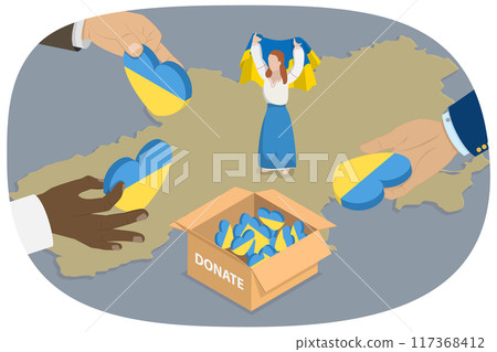3D Isometric Flat  Illustration of Charity For Ukraine, Hope, Solidarity, Aid for Refugees 117368412