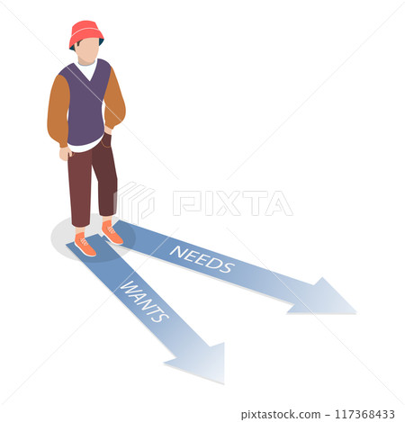 3D Isometric Flat Illustration of Need Vs Want, Internal Conflict 3D Isometric Flat Illustration of Need Vs Want, Internal Conflict 117368433