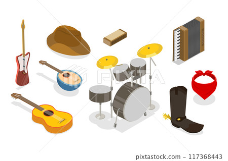 3D Isometric Flat  Set of Country Music, Cowboy Party 117368443