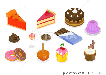 3D Isometric Flat  Set of Sweets And Desserts, Baking Food, Sweet Creamy Pastry 117368446