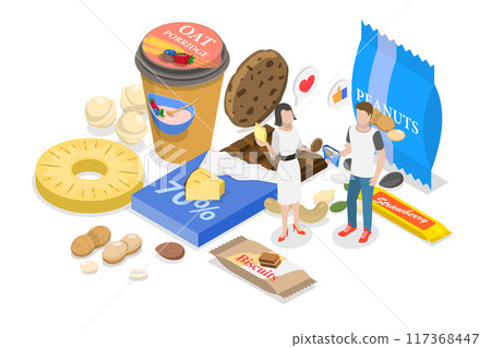 3D Isometric Flat  Illustration of Healthy Food, Preservative Free Organic Snacks 117368447
