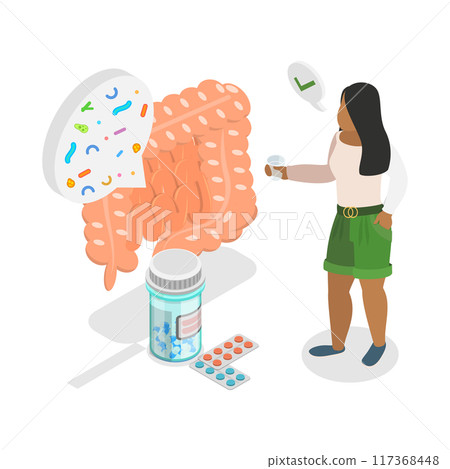 3D Isometric Flat Illustration of Probiotic Health Benefits, Human Flora Good Microorganisms 3D Isometric Flat Illustration of Probiotic Health Benefits, Human Flora Good Microorganisms 117368448