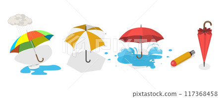 3D Isometric Flat  Illustration of Umbrella Collection, Rain Pprotection Parasols 117368458
